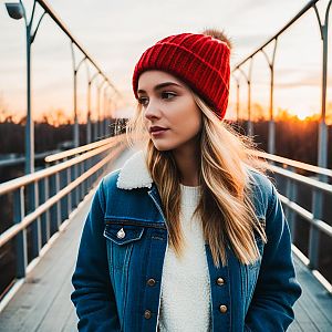 Young Woman in Red Beanie on Bridge at Sunset