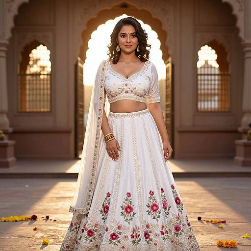 Elegant Indian Woman in White Floral Embroidered Lehenga