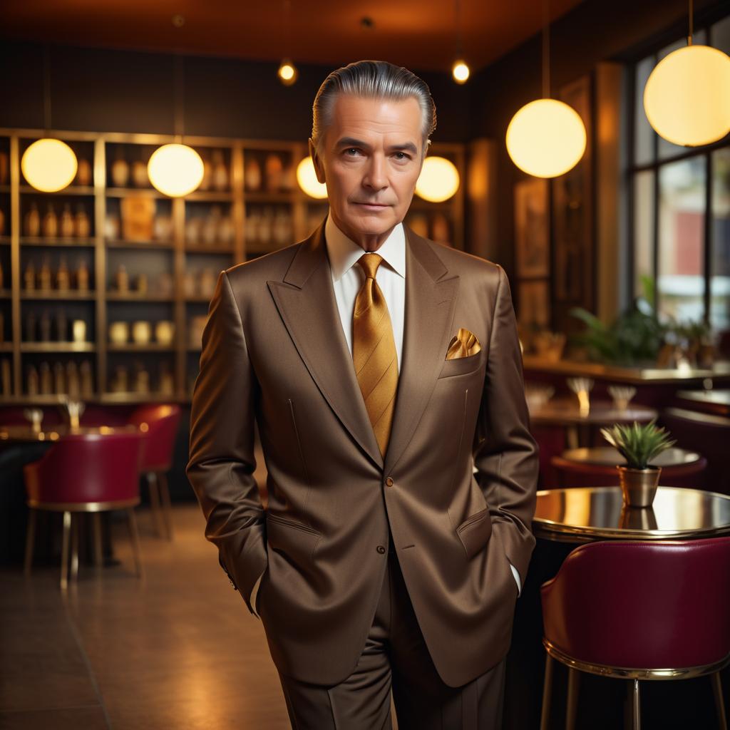 Elegant Man in Bronze Suit at Modern Bar