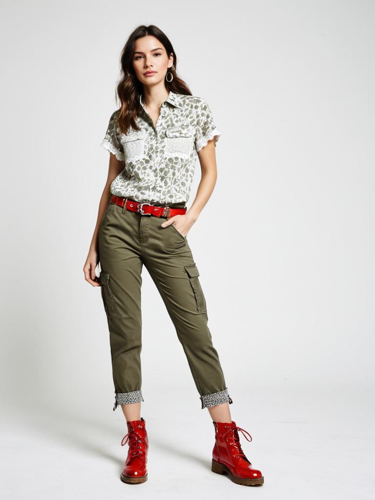 Stylish Woman in Animal Print Blouse and Olive Cargo Pants with Red Boots