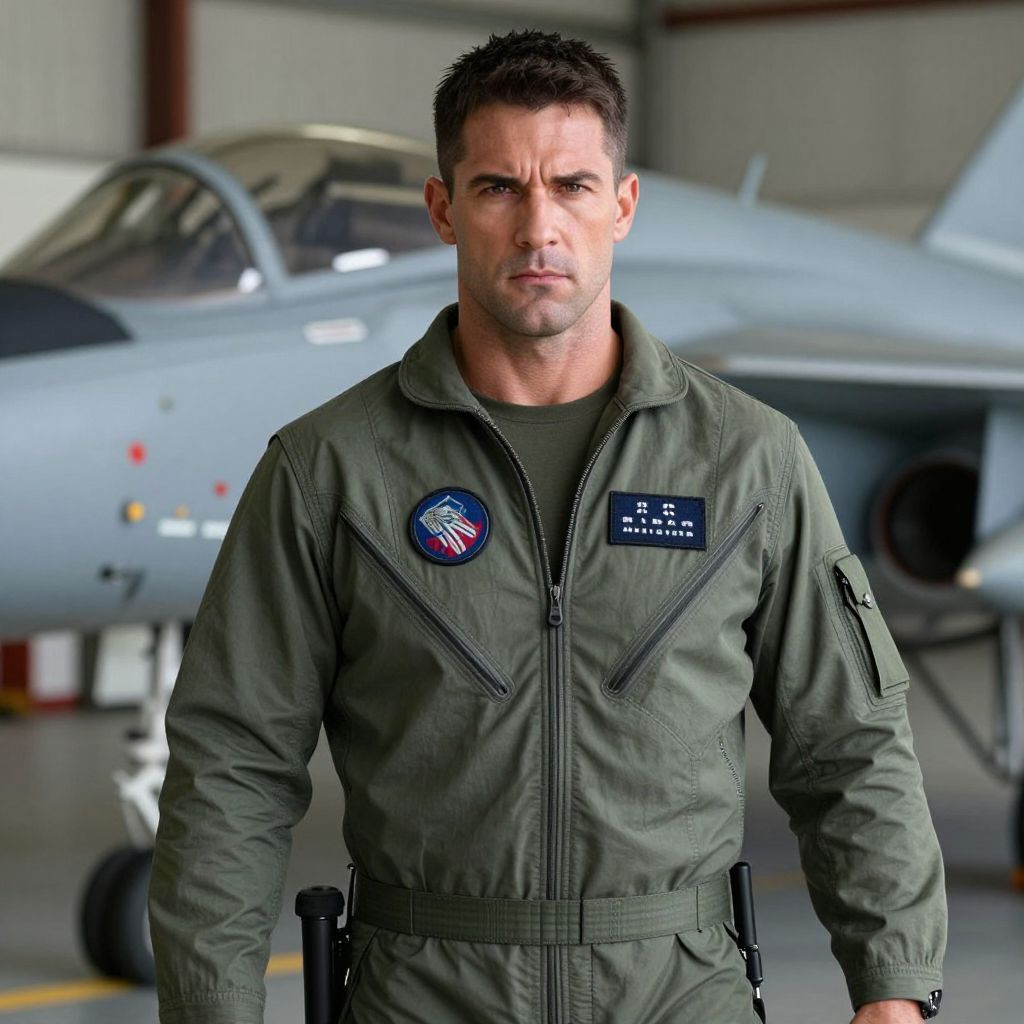 Confident Male Pilot in Green Flight Suit Standing by Fighter Jet