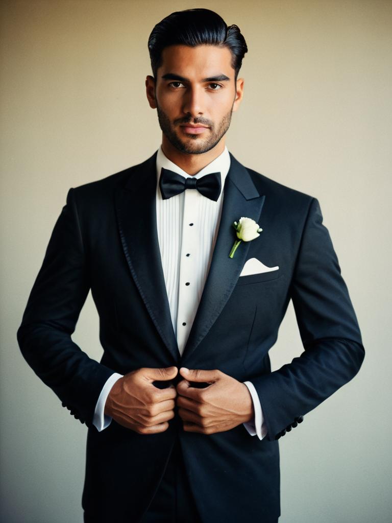 Man in Classic Wedding Tuxedo Waist Up Editorial Portrait