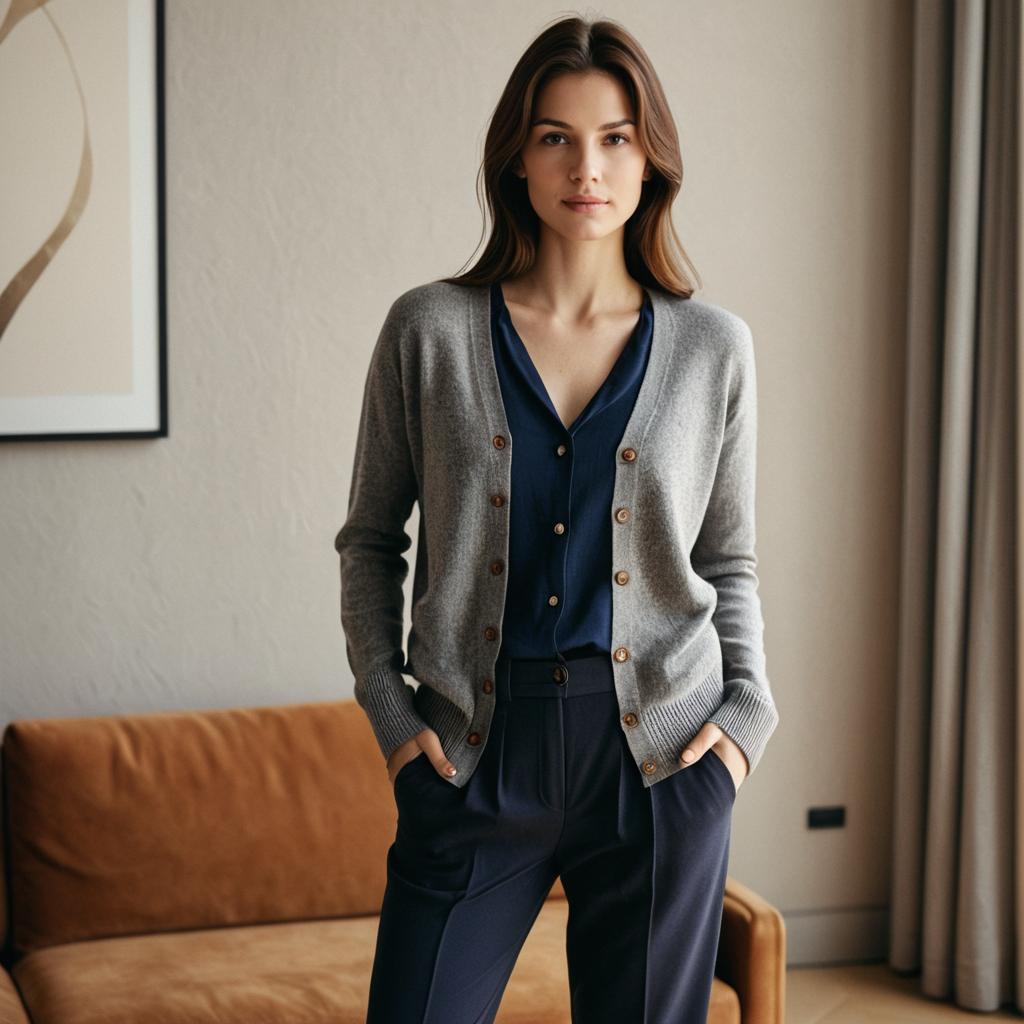 Confident Woman in Grey Cardigan and Navy Trousers in Minimalist Interior