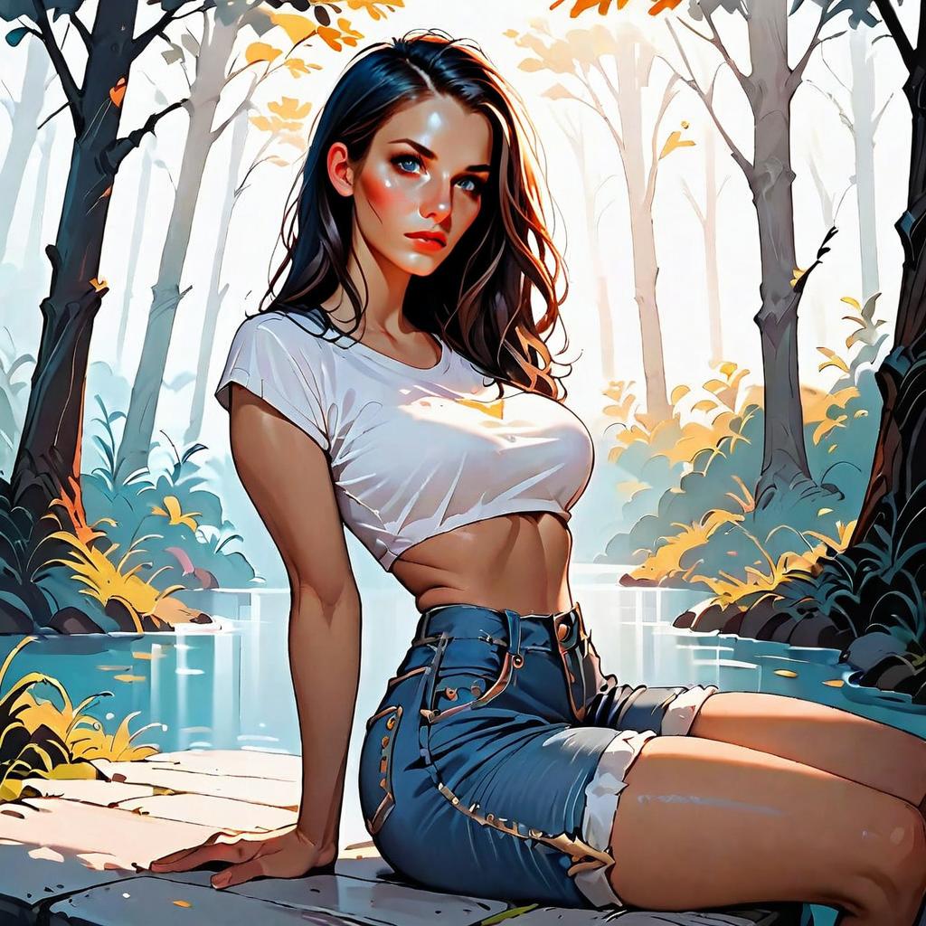 Stylish Young Woman Sitting on Wooden Dock in Autumn Forest Digital Art