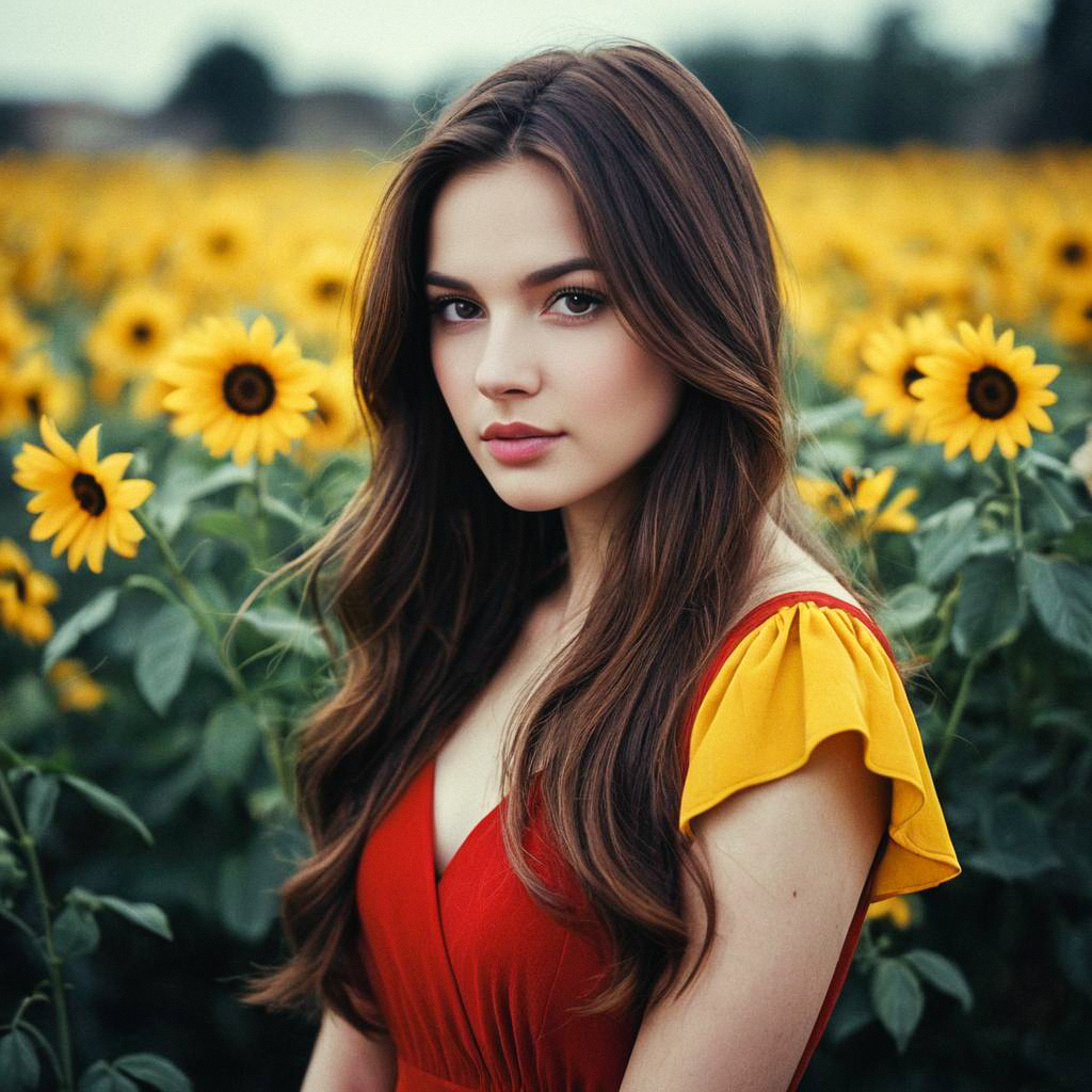 Young Woman in Red Dress in Sunflower Field Young Woman in Red Dress in Sunflower Field