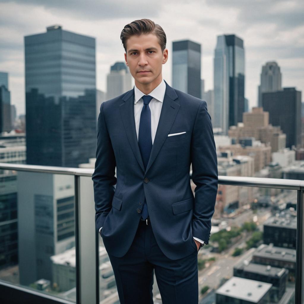 Confident Man on High-Rise Balcony with Cityscape