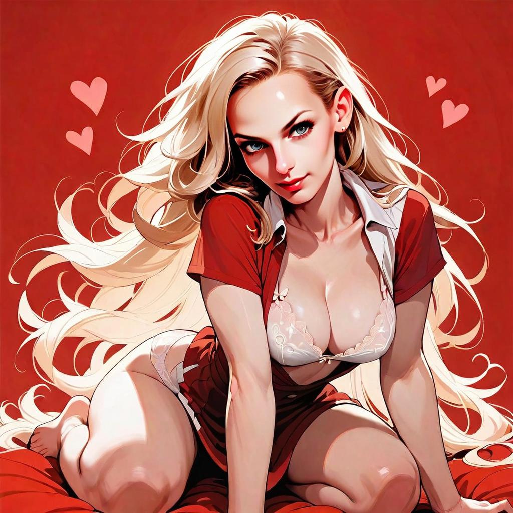 Anime-Inspired Digital Artwork of Blonde Woman on Red Background with Hearts