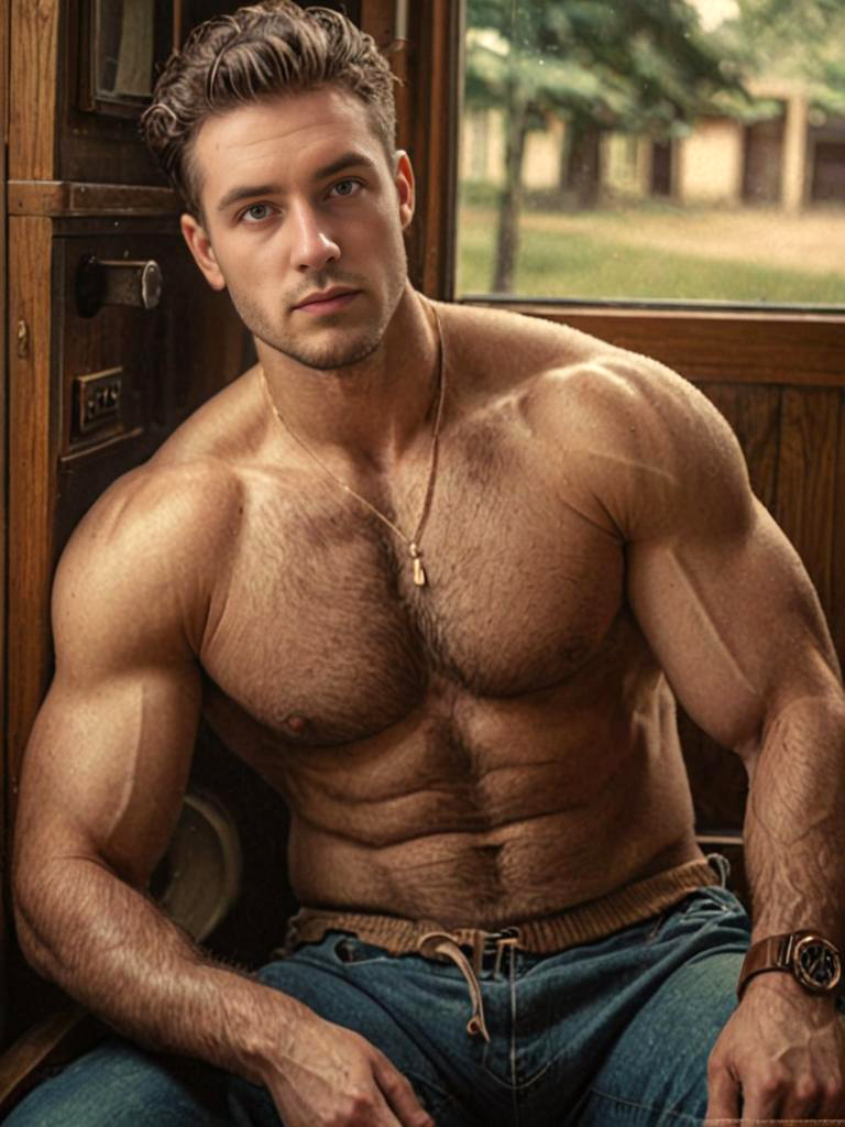 Muscular Man Posing in Rustic Setting