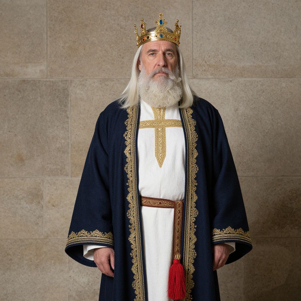 Elderly Man in Medieval King Costume Wearing Crown and Blue Regal Robe