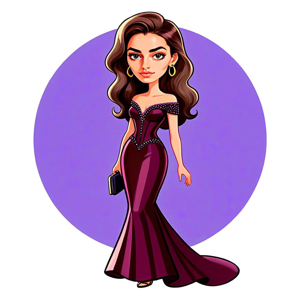 Stylish Woman in Sophisticated Plunging Neckline Purple Evening Gown Caricature