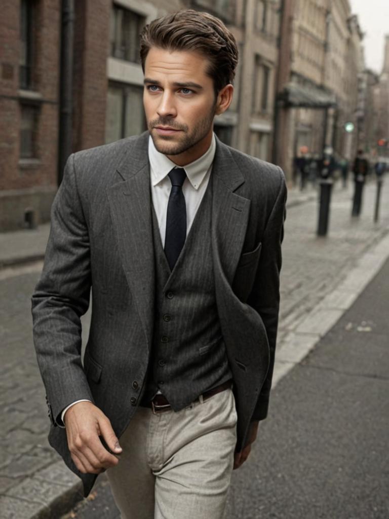 Stylish Man in Gray Suit on Urban Street