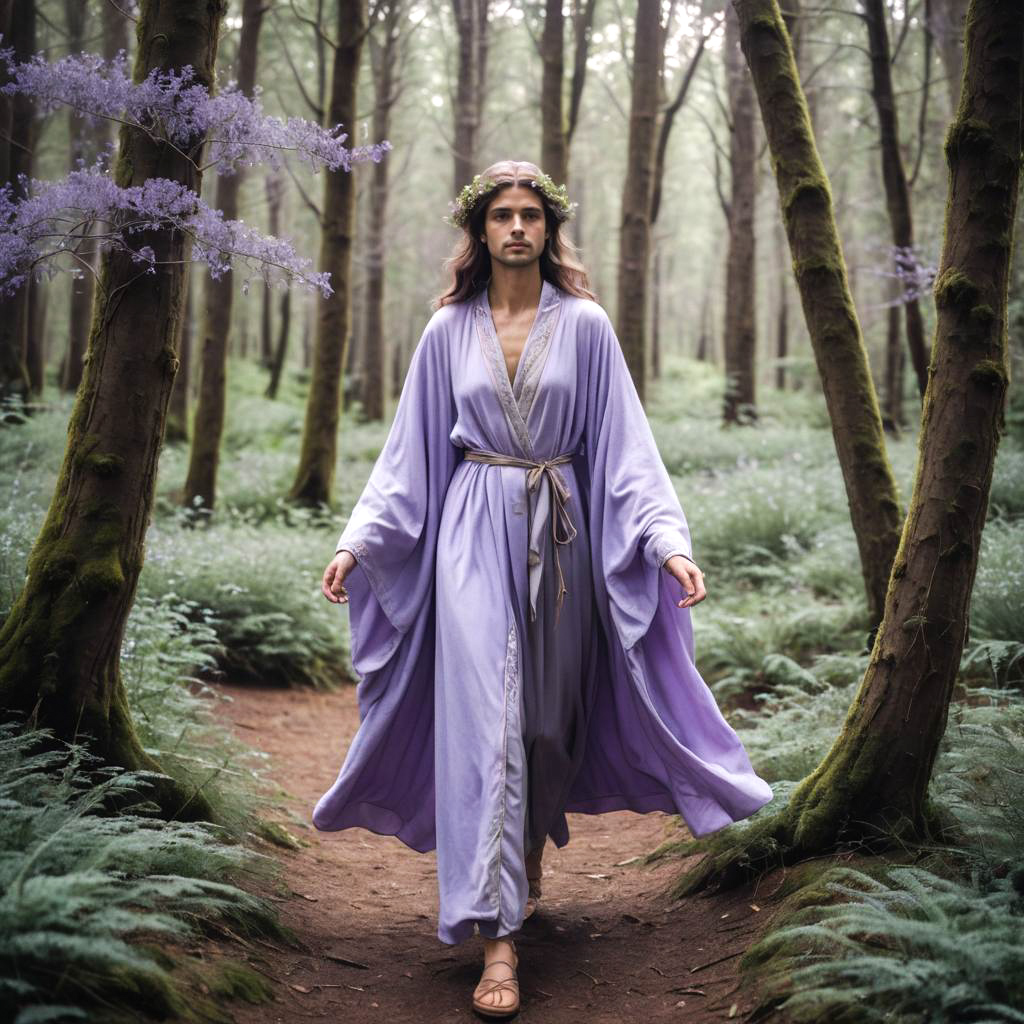 Man in Lavender Robe Walking in Mystical Forest