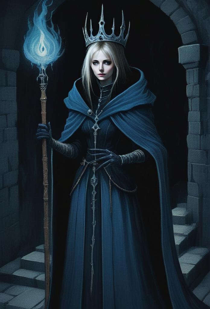 Regal Woman in Blue Cloak with Mystical Staff