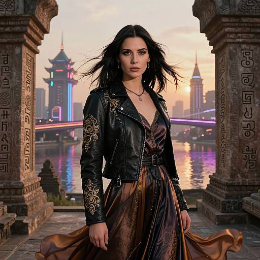 Stylish Woman in Leather Jacket Posing by Ancient Pillars with Futuristic Neon Cityscape