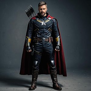 Confident Hero in Dark Armor with Cape