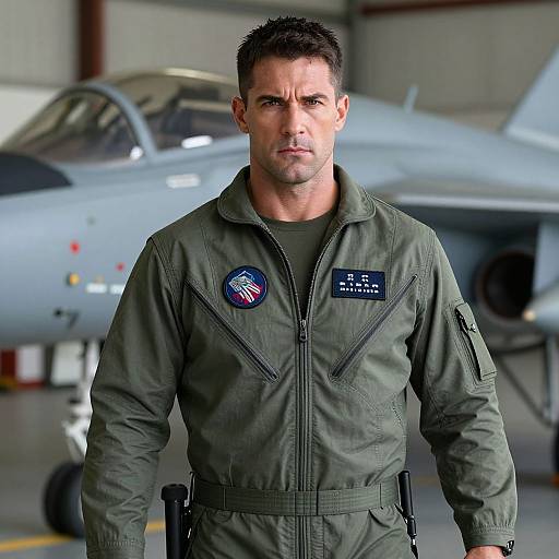 Confident Male Pilot in Green Flight Suit Standing by Fighter Jet