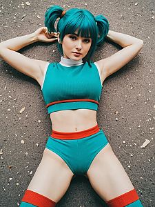 Realistic Bulma Cosplay Woman in Vibrant Anime Costume Lying Outdoors