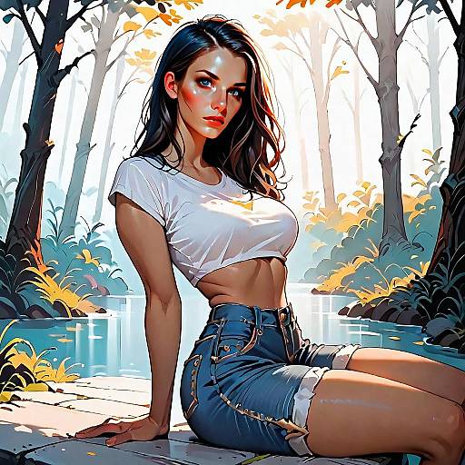 Stylish Young Woman Sitting on Wooden Dock in Autumn Forest Digital Art