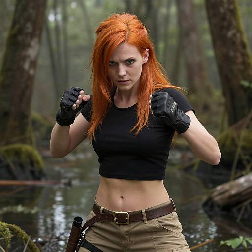 Fierce Red-Haired Woman in Fighting Stance in Forest