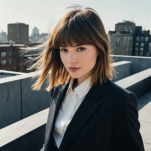 Professional Young Woman in Black Pinstripe Blazer on City Rooftop