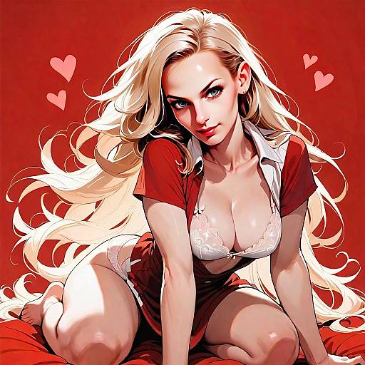 Anime-Inspired Digital Artwork of Blonde Woman on Red Background with Hearts