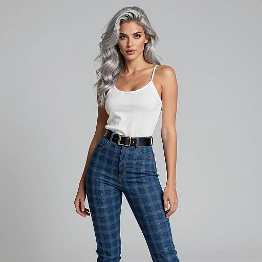 Gen Z Woman Wearing White Top and Blue Plaid Pants Fashion Portrait