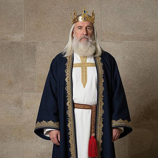 Elderly Man in Medieval King Costume Wearing Crown and Blue Regal Robe
