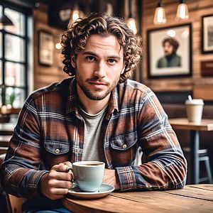 Man in Cozy Café with Coffee