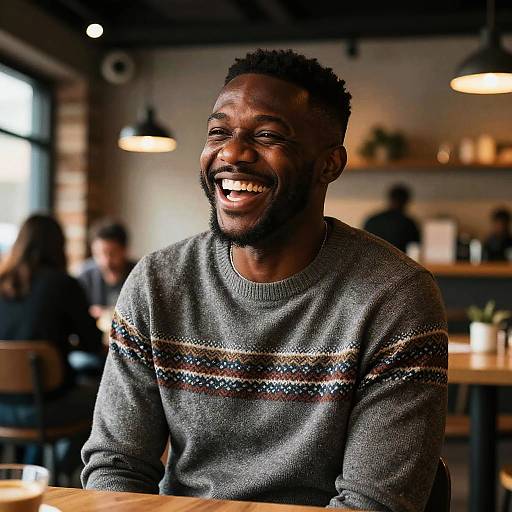 Happy Young Man Laughing in Cozy Cafe Wearing Patterned Sweater