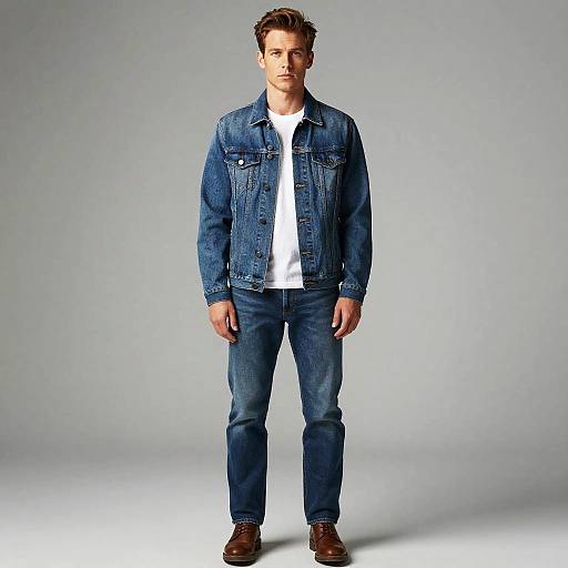 Man Wearing Eddie Munson Denim Jacket and Jeans Outfit with Brown Boots