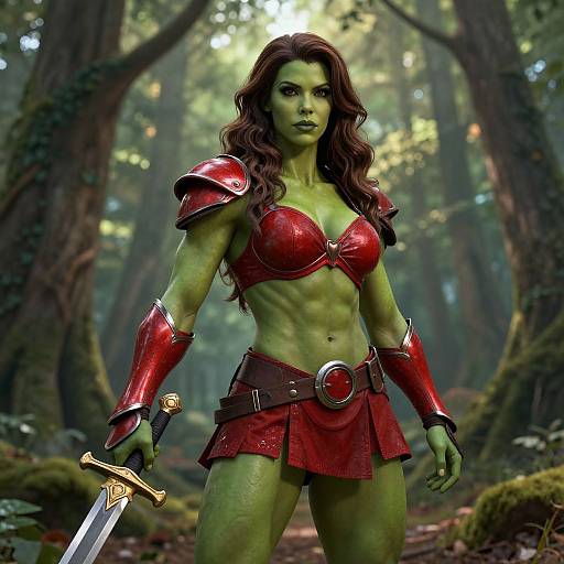 Fantasy Green Warrior Woman in Red Armor Holding Sword in Forest