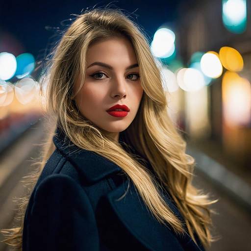 Blonde Woman Portrait with Red Lipstick and Nighttime Bokeh Background