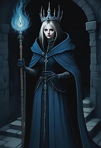 Regal Woman in Blue Cloak with Mystical Staff