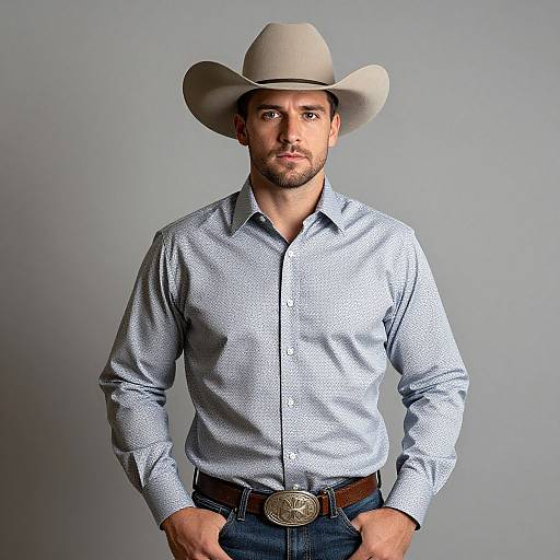 Confident Man Wearing Cowboy Hat and Western Shirt with Belt Buckle