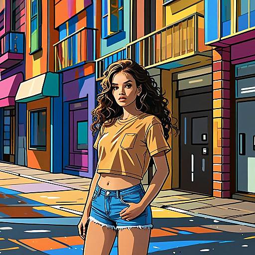 Young Woman on Colorful Urban Street Comic Illustration