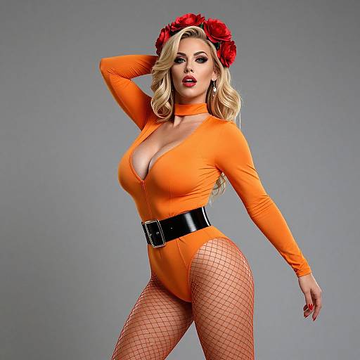 Woman in Orange Bodysuit with Red Flower Crown and Fishnet Tights