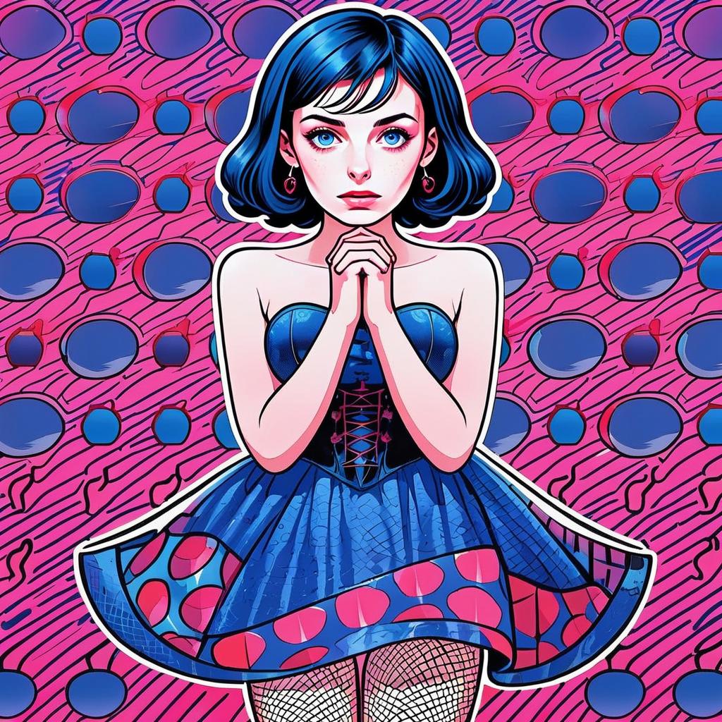 Young Woman in Blue Dress with Polka Dots