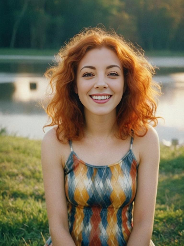 Smiling Woman by Serene Lake in Colorful Dress