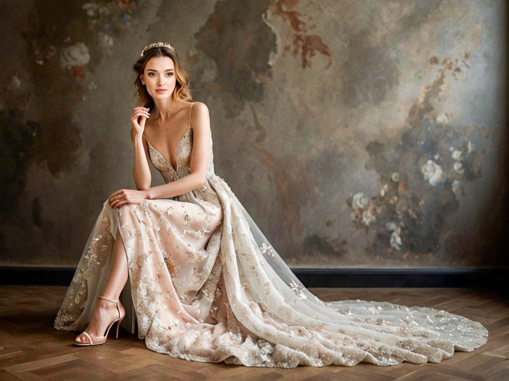 Elegant Woman in Luxurious Embroidered Gown