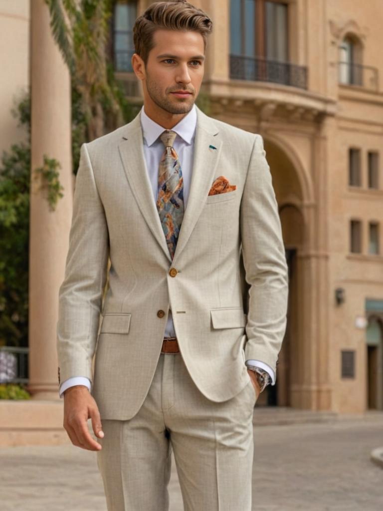 Man in sophisticated California cocktail attire with beige suit