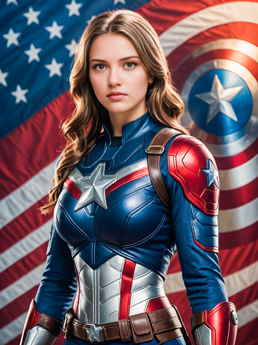 Woman in Captain America Costume with American Flag