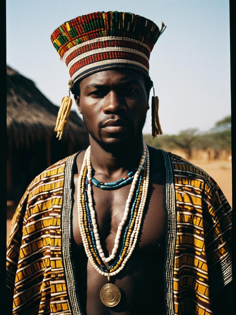 Man in African Outfit with Beaded Necklaces and Regal Hat in Cinematic Realism