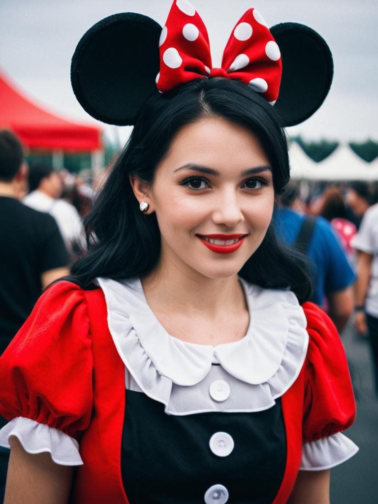Woman in Minnie Mouse Costume with Red Polka Dot Bow at Festival