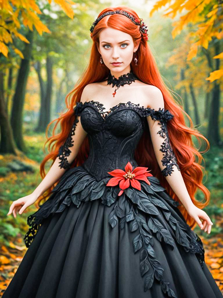 Woman in Gothic Dress in Autumn Forest