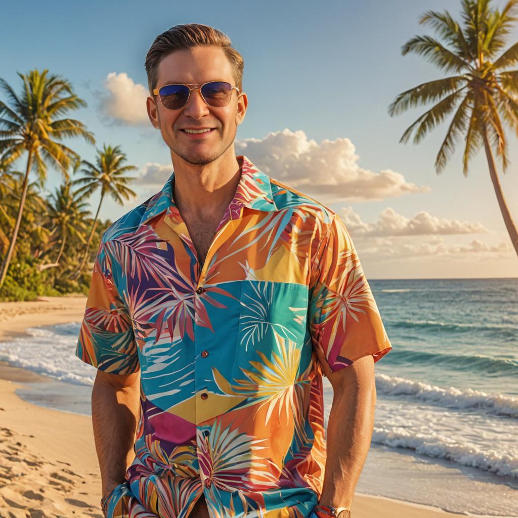 Man in tropical shirt on beach at sunset