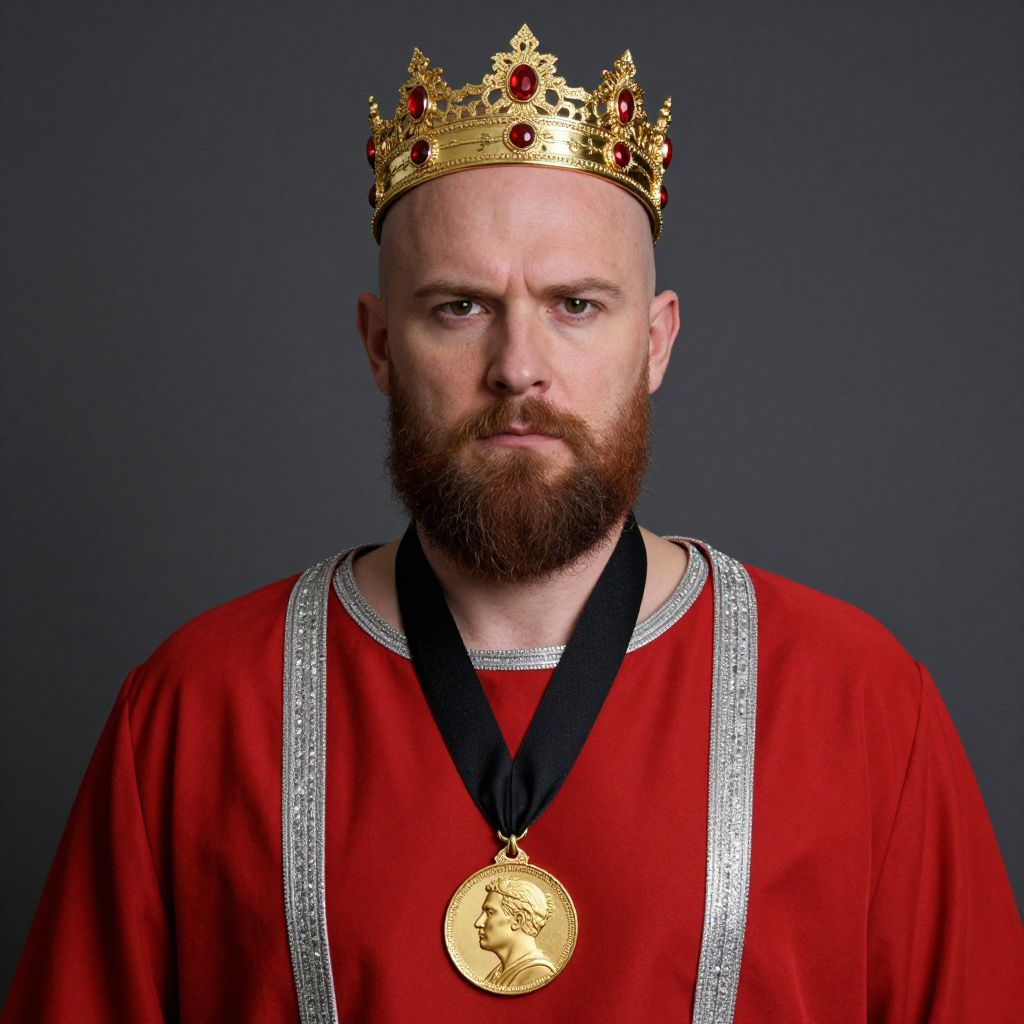 Bearded Man Wearing Royal Crown and Medal in Red Robe Portrait