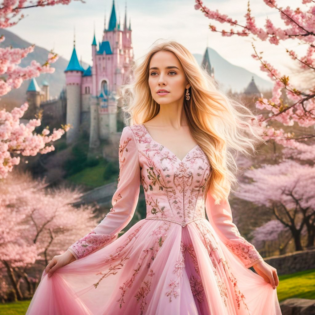 Elegant Woman in Pink Gown Among Cherry Blossoms Elegant Woman in Pink Gown Among Cherry Blossoms