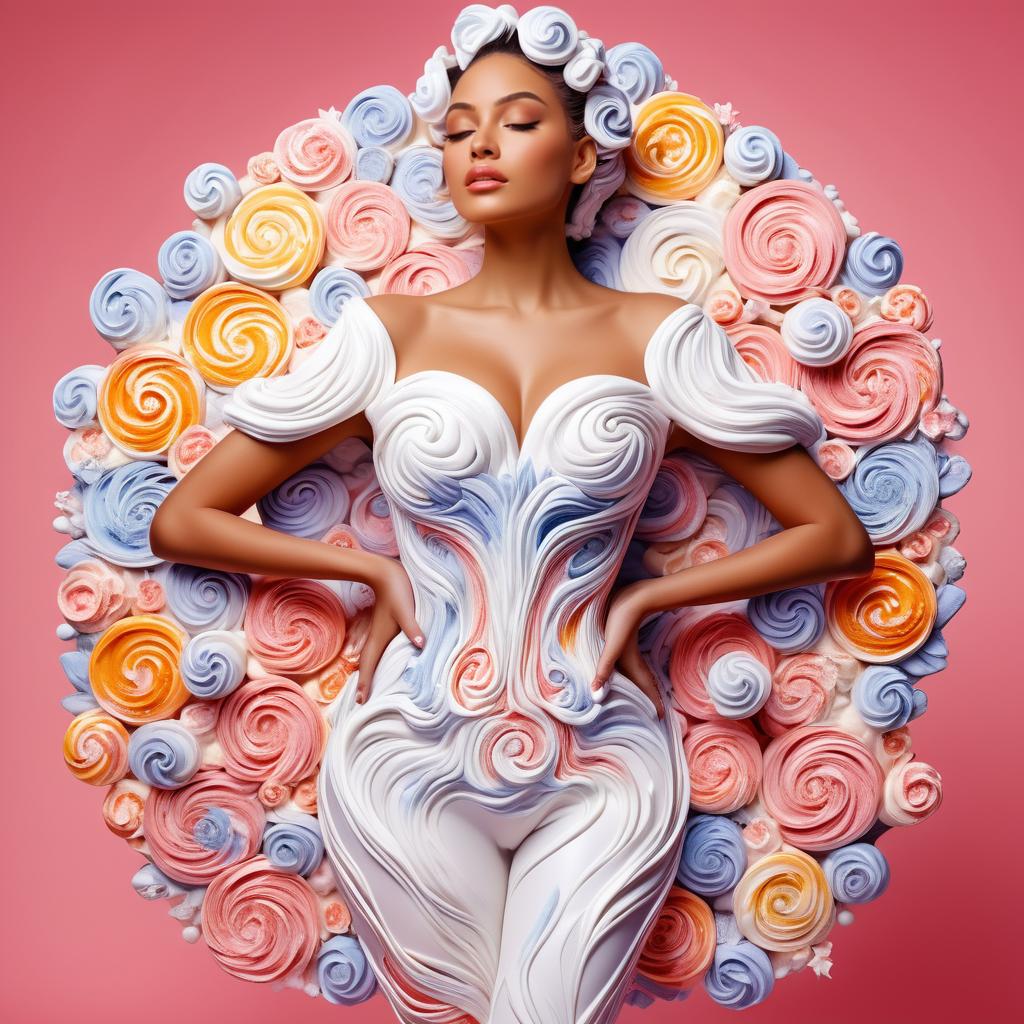 Elegant Model with Candy-Inspired Outfit Against Pink Backdrop