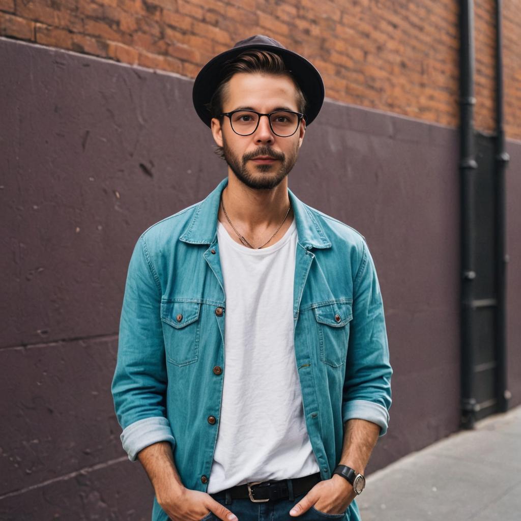 Stylish man in denim jacket and black hat against brick wall