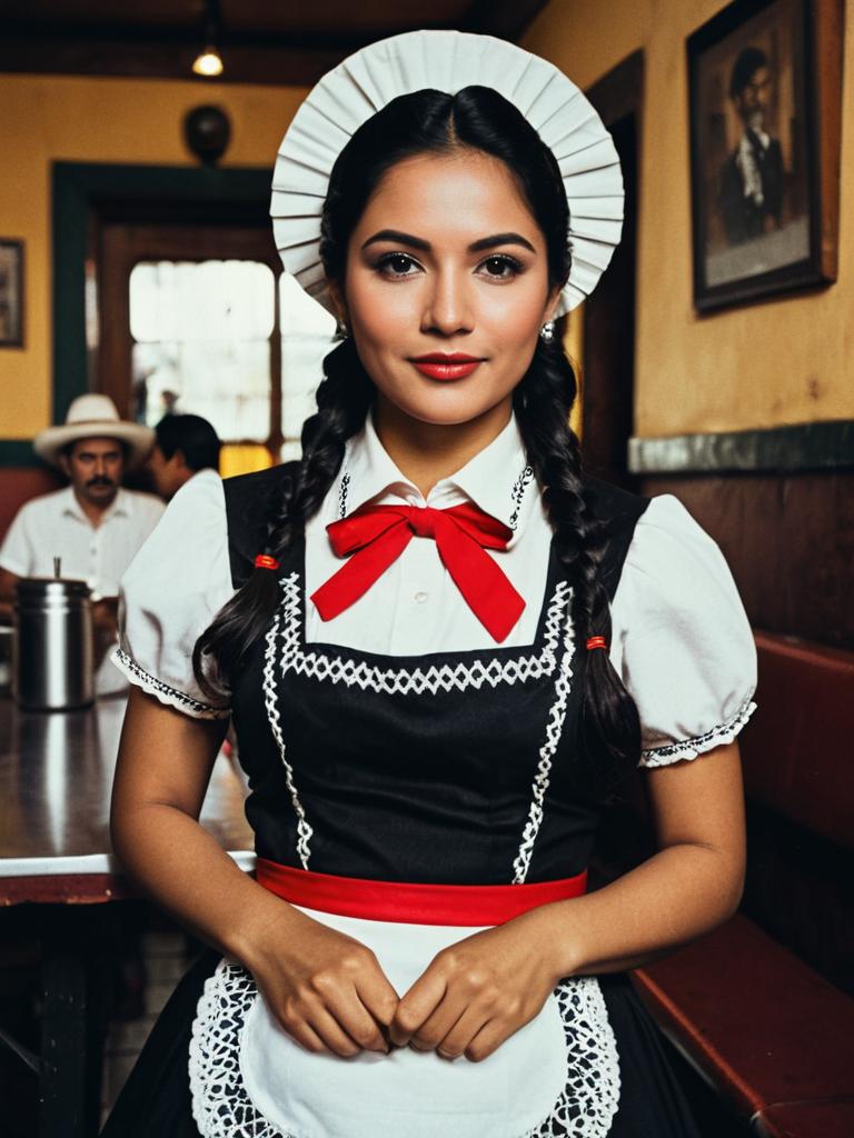 Photorealistic Vintage Mexican Waitress Costume Woman in Restaurant